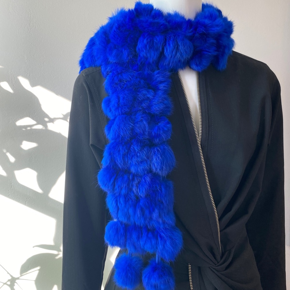 Real rabbit fur ball scarf in royal blue